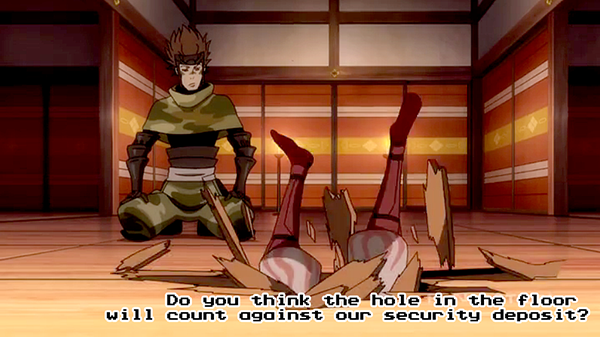 image of Sasuke looking at Yukimura in the floor with a text