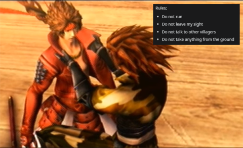 Sasuke holding onto Yukimura with a text box of rules to follow